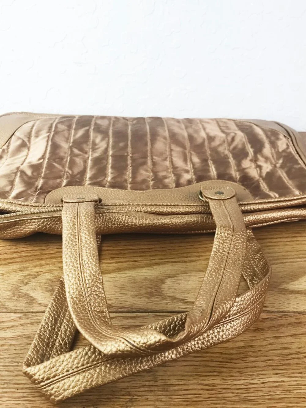 Lancome Metallic Gold Quilted Laptop Tote – Faux Leather Trim & Double Handles